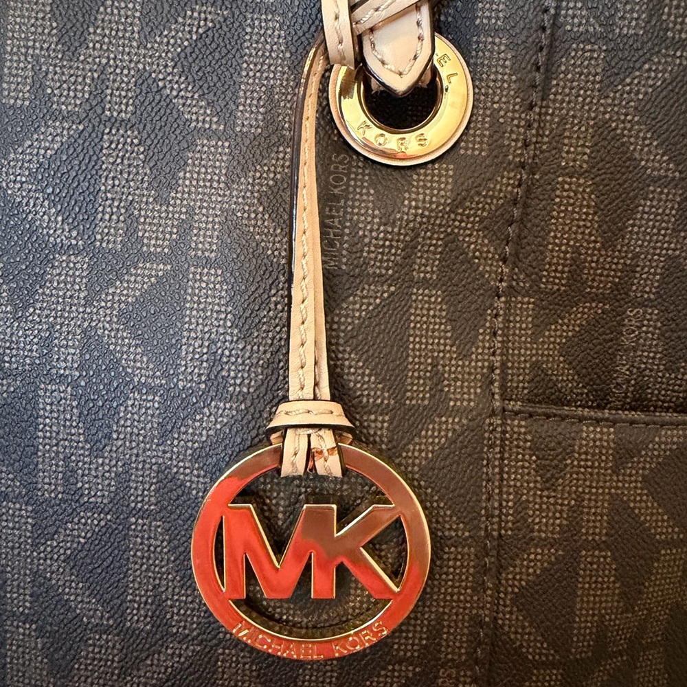 Michael Kors Jet Set Travel Large Tote Brown MK Logo Beige - Picture 2 of 9